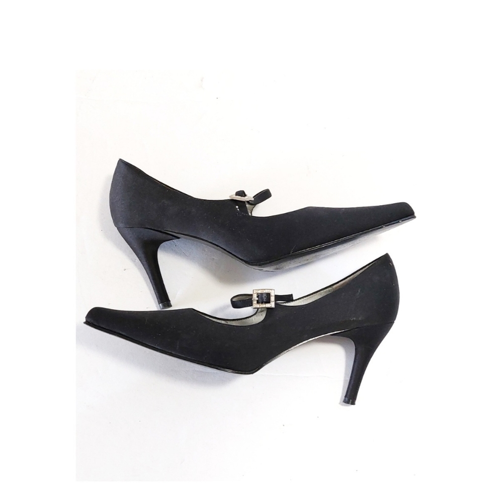Womens Vintage Black Crystal Accent Strap Faux Suede High Heel Shoe Size 9M - Picture 5 of 8